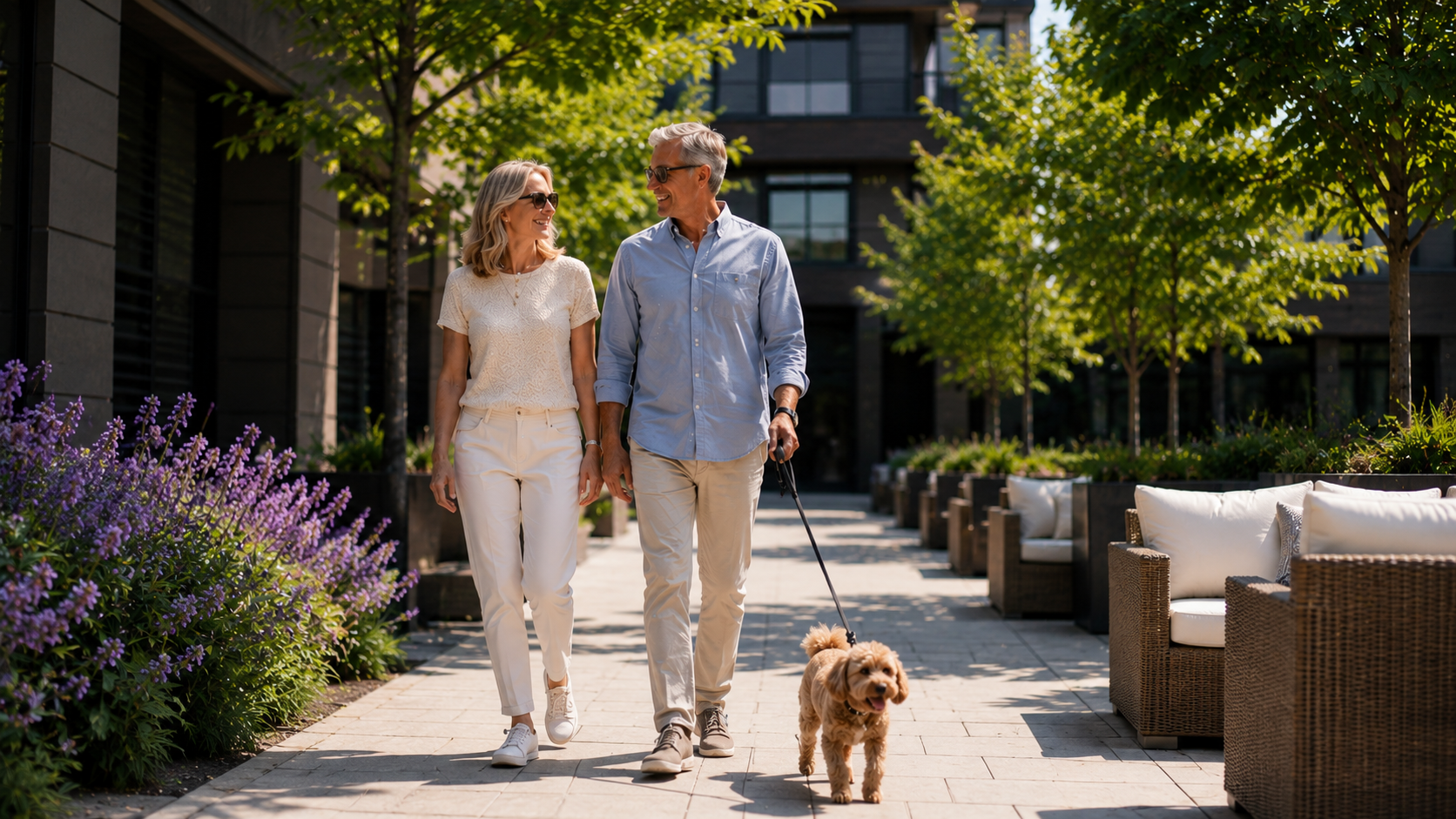 Retired couple walking near a Zenia complex