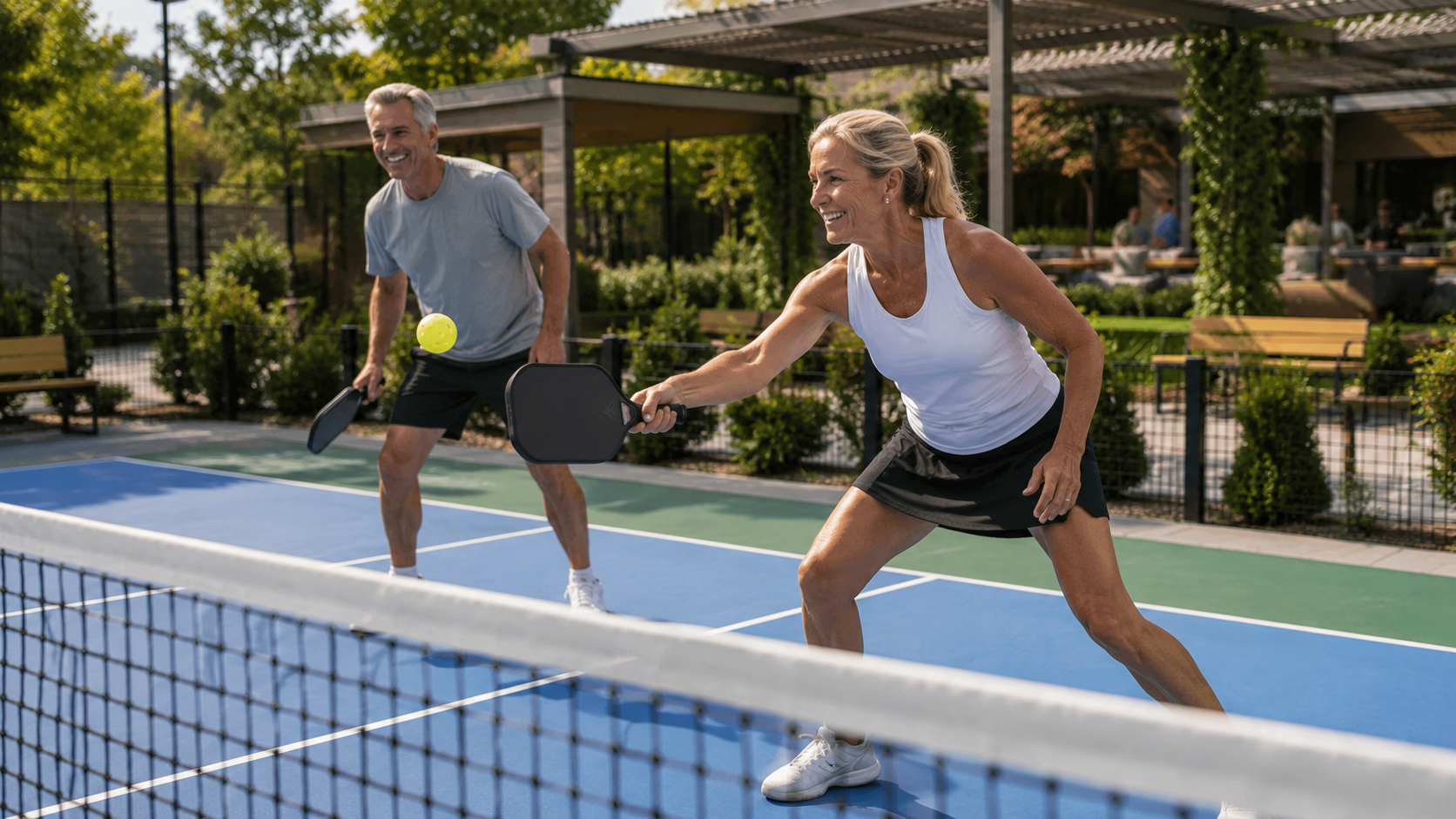 Active 55+ residents playing pickleball at Zenia